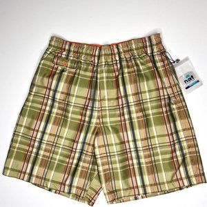 Nat Nast Green Plaid Swim Trunks Size M Tie Front Pocket Lined Pockets Elastic